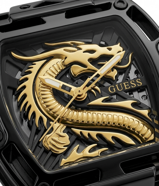 Gold dragon design on a black watch face with 'GUESS' branding.
