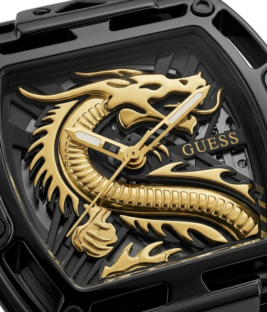 Gold dragon design on a black watch face with 'GUESS' branding.