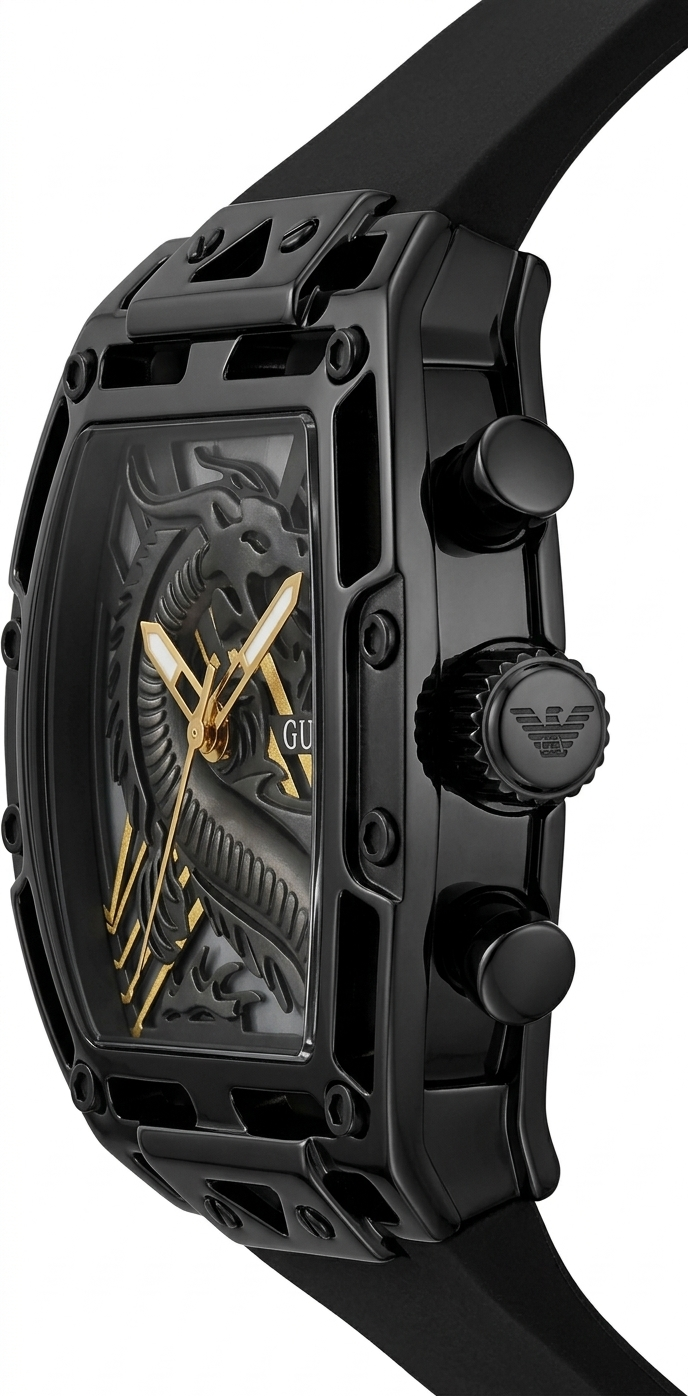 Black watch with gold accents on a white background