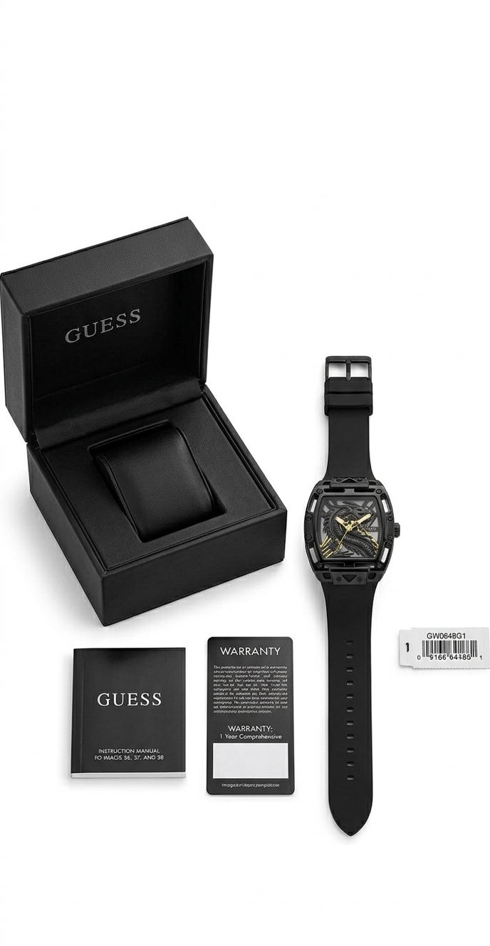 Black Guess watch with packaging and card on a white background